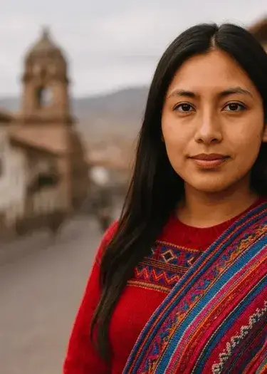 Young Peruvian woman in traditional Andean clothing standing on a historic street in Cusco, Peru, with colonial architecture and mountains in the background. | Andean Travel Experience
