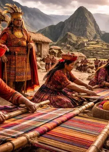 Indigenous Andean women weaving colorful textiles on traditional looms in a mountain village near ancient Inca terraces, with alpacas and stone structures set against the Peruvian Andes. | Andean Travel Experience