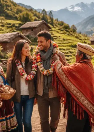 Tourists experiencing traditional Andean culture with Quechua villagers in the Peruvian Andes. | Andean Travel Experience