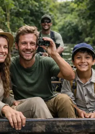 Family canoeing through the Amazon rainforest in Peru with a local guide, wildlife and jungle adventure for families.| Andean Travel Experience
