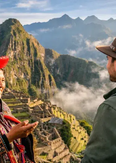 Tourist learning simple Quechua phrases while visiting a traditional Andean market in Peru. | Andean Travel Experience