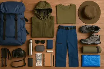 packing list for female hikers visiting Machu Picchu, including hiking clothes, supportive boots, sunblock, quick-dry towel, and travel-sized toiletries arranged neatly | Andean Travel Experience