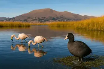 Andean flamingos and a giant coot wading among golden totora reeds on Lake Titicaca at sunrise, with Andean mountains in the background, Peru. | Andean Travel Experience
