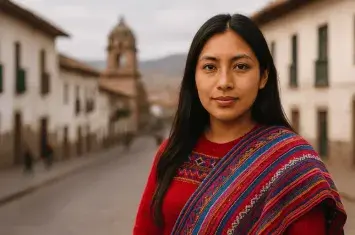 Young Peruvian woman in traditional Andean clothing standing on a historic street in Cusco, Peru, with colonial architecture and mountains in the background. | Andean Travel Experience