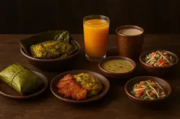 Traditional Amazonian cuisine served on a wooden table surrounded by lush jungle ambiance, featuring grilled fish wrapped in bijao leaves, tacacho, plantains, and tropical fruits representing authentic Peruvian rainforest flavors. | Andean Travel Experience