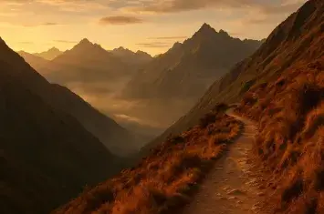 Panoramic view of the Andes in Peru at golden hour, featuring a winding mountain trail, misty valleys, and dramatic sunlit peaks in a luxury travel editorial style. | Andean Travel Experience