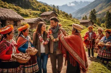 Tourists experiencing traditional Andean culture with Quechua villagers in the Peruvian Andes. | Andean Travel Experience