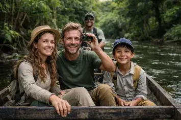 Family canoeing through the Amazon rainforest in Peru with a local guide, wildlife and jungle adventure for families.| Andean Travel Experience