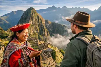 Tourist learning simple Quechua phrases while visiting a traditional Andean market in Peru. | Andean Travel Experience