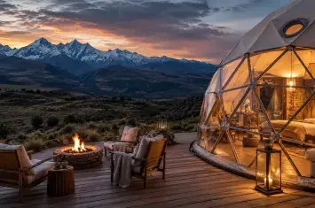 Luxury glamping in Peru with a geodesic dome, private fire pit, and panoramic views of the Andean mountains at sunset. | Andean Travel Experience
