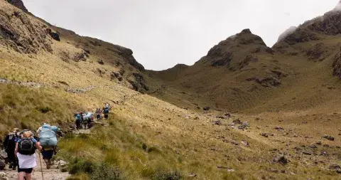 Group of tourists trekking the Inca Trail surrounded by stunning Andean scenery on their way to Machu Picchu | Andean Travel Experience