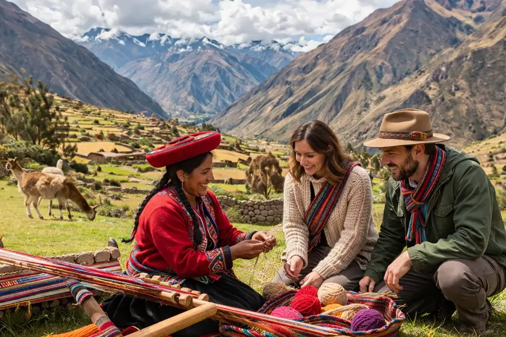 Tourists participating in a cultural weaving experience with a local Quechua woman in the Andes of Peru with llamas and mountain scenery | Andean Travel Experience