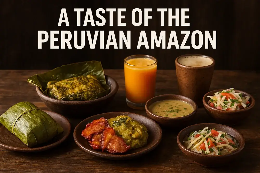 Traditional Amazonian cuisine served on a wooden table surrounded by lush jungle ambiance, featuring grilled fish wrapped in bijao leaves, tacacho, plantains, and tropical fruits — representing authentic Peruvian rainforest flavors | Andean Travel Experience