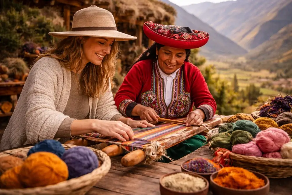 Traveler learning traditional Andean weaving with a local artisan in the Sacred Valley of Peru using colorful natural textiles | Andean Travel Experience