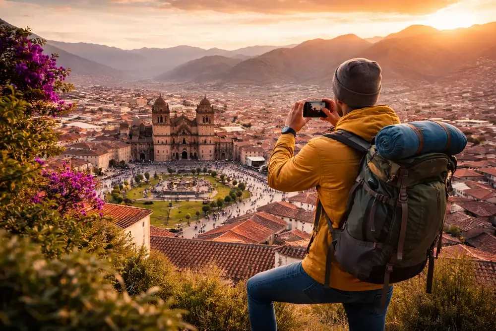 Solo traveler photographing Cusco city and Plaza de Armas from a scenic viewpoint at sunset, Peru | Andean Travel Experience