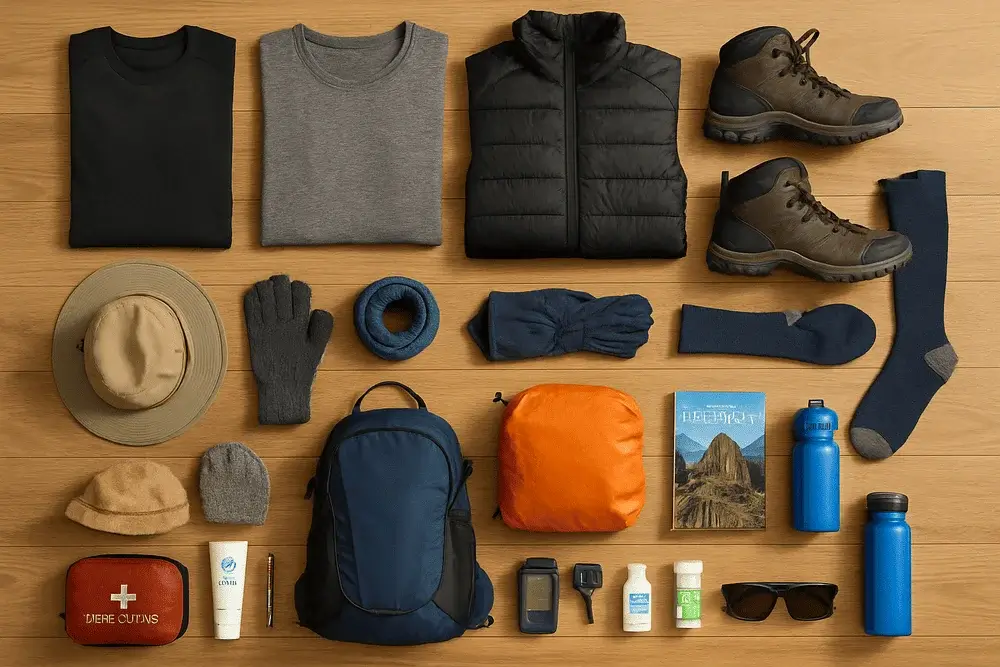 Flat lay of essential outdoor gear for hiking Machu Picchu, including boots, backpack, water bottle, clothing layers, hat, and first aid kit on a wooden surface. | Andean Travel Experience