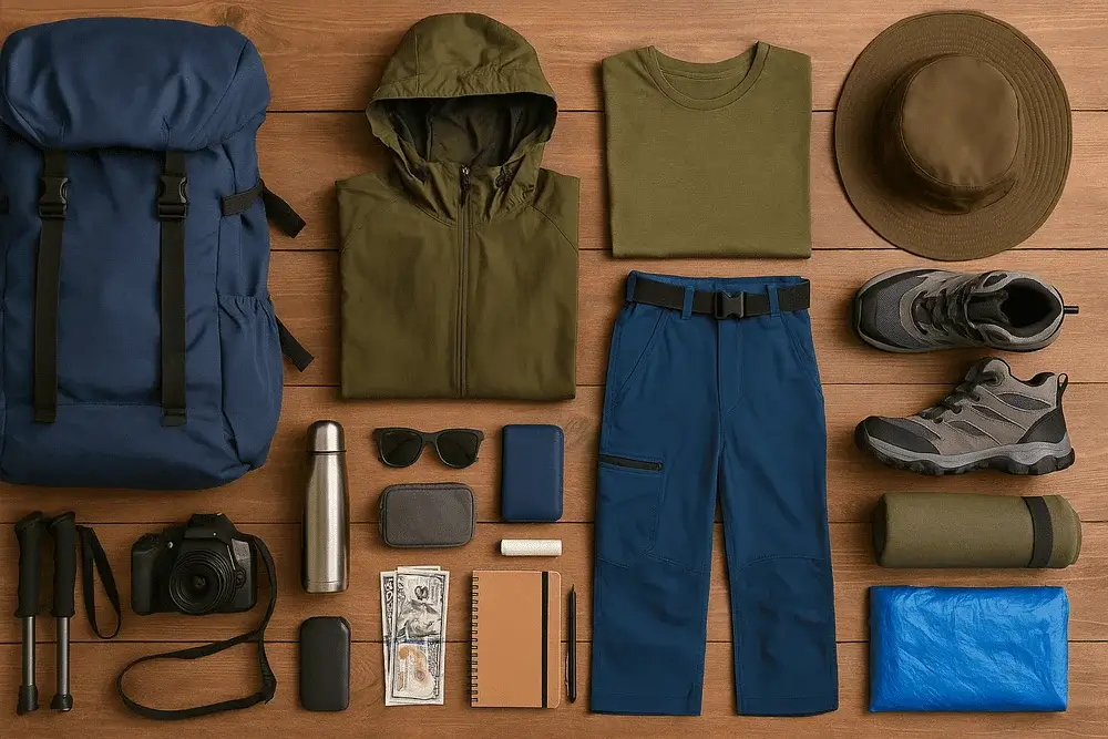 packing list for female hikers visiting Machu Picchu, including hiking clothes, supportive boots, sunblock, quick-dry towel, and travel-sized toiletries arranged neatly | Andean Travel Experience