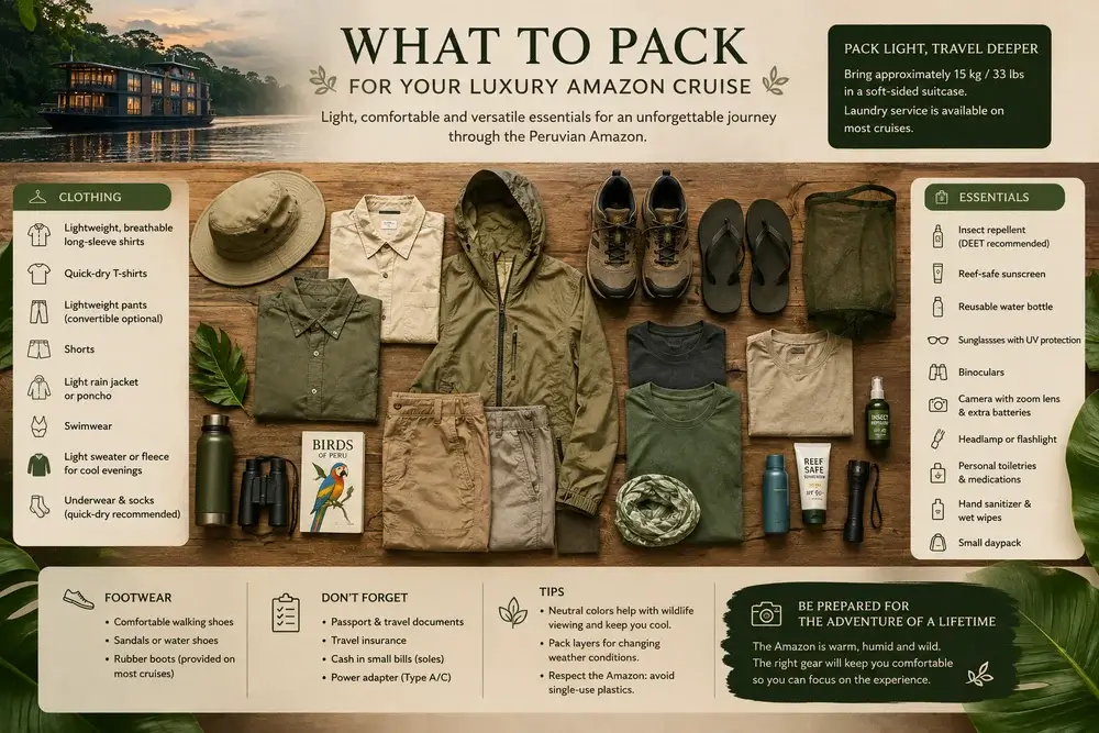 Luxury Amazon cruise packing guide infographic featuring essential clothing, footwear, travel gear, and accessories for exploring the Peruvian Amazon rainforest. | Andean Travel Experience Luxury Amazon cruise packing guide infographic featuring essential clothing, footwear, travel gear, and accessories for exploring the Peruvian Amazon rainforest. | Andean Travel Experience