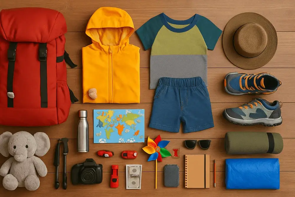 Colorful and organized packing layout for families with kids hiking Machu Picchu, showcasing children’s clothing, shoes, toys, travel map, camera, and safety gear | Andean Travel Experience