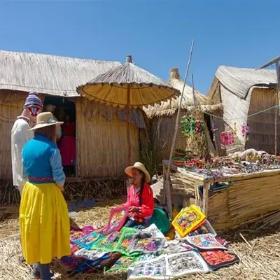 Woman selling handmade crafts in Uros Islands, Lake Titicaca, showcasing traditional Andean artistry and colorful textiles 