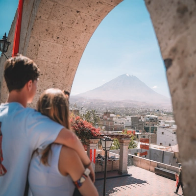 Tourists viewing the Misti Volcano from the Yanahuara Lookout in Arequipa, Peru | Andean Travel Experience