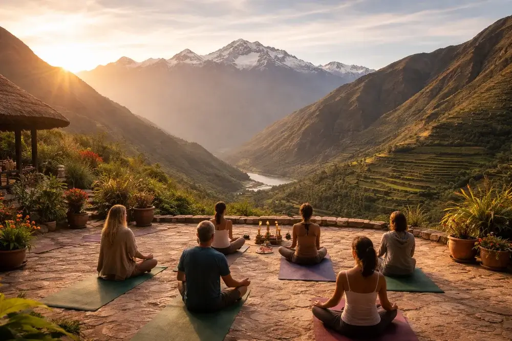 Sunrise yoga session in the Sacred Valley Peru with travelers meditating on a terrace overlooking the Andes mountains and Urubamba River | Andean Travel Experience